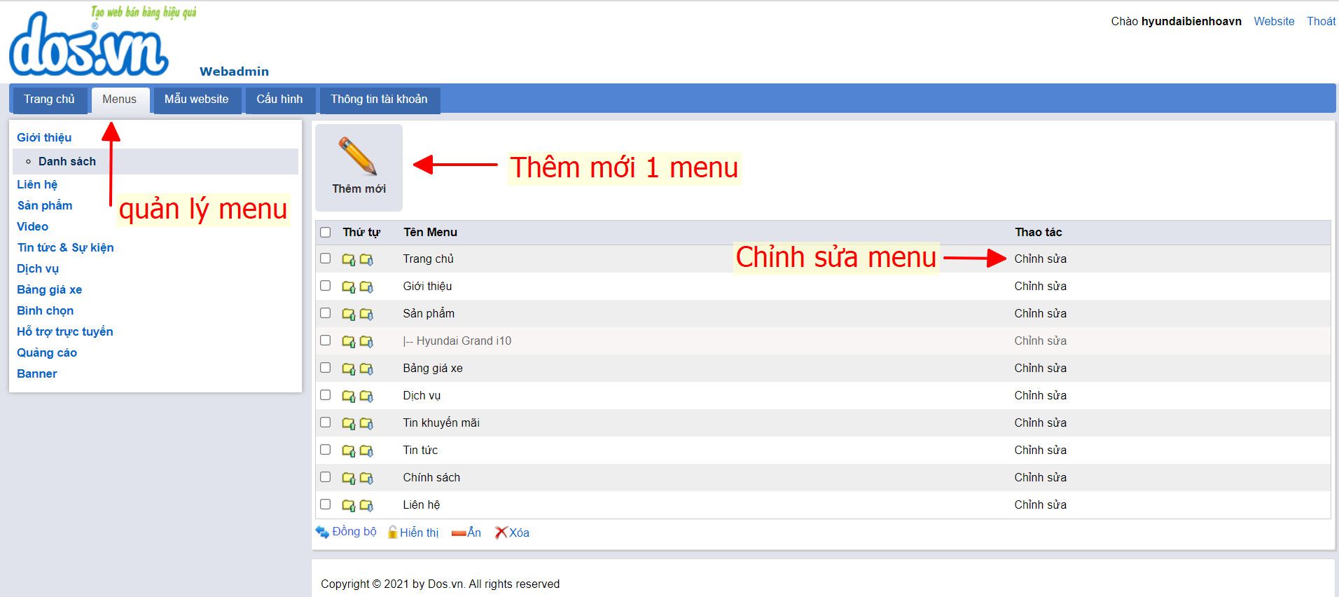 Quản lý thanh menu trong web admin